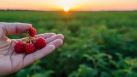 Fresh ripe raspberries in farmer's hand at sunset over green agricultural field. Organic berry harvest concept for healthy eating and farming.
