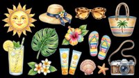 Watercolor summer beach clipart set isolated on transparent background, featuring sun, hat, sunglasses, flip flops, bag, camera, shells, and tropical flowers for t-shirts.