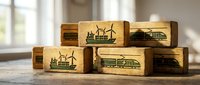 Wooden blocks with engraved transportation icons including ships, trains, and cars arranged on rustic surface. Educational toy concept for learning vehicles.