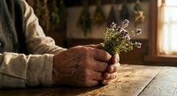Elderly hands gently holding small wildflower bouquet on rustic wooden table in warm sunlit room. Concept of nature connection, mindfulness, aging gracefully.