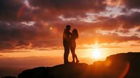 Silhouette of couple embracing on hilltop at sunset with dramatic orange and golden sky, romantic moment for love and relationship content.