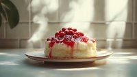 Creamy cheesecake topped with fresh red berries and syrup on wooden plate in sunlit kitchen setting for dessert photography and culinary content.