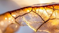 Cracked ice surface with golden sunlight shining through creating abstract pattern of crystalline structure and warm glowing bokeh effect at sunset.