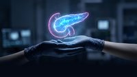 Holographic pancreas organ floating above cupped hands in medical laboratory setting. Digital healthcare technology concept for diabetes research and treatment.