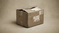 Damaged cardboard shipping box with torn tape and shipping labels on neutral background for delivery and logistics concepts.