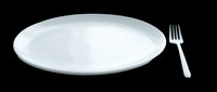 White ceramic dinner plate with fork isolated on transparent background, ready for restaurant menus, food blogs, stickers, t-shirt design, and print on demand use.