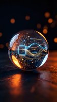 Glowing crystal ball with AI core circuit board and predictive analytics data waves, dark bokeh background for tech and innovation concepts.