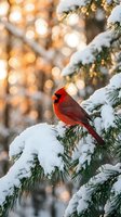 Bright red cardinal perched on snow-covered evergreen branch with warm bokeh lights creating festive winter atmosphere for holiday greeting cards and decorations.