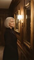 Elegant mature Caucasian woman with silver bob haircut in black coat admiring artwork in luxurious gallery with ornate golden frames and warm lighting.