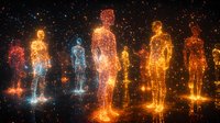 Glowing holographic human figures standing in line against dark background with particles and light effects create futuristic sci-fi atmosphere.