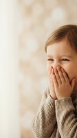 Adorable young child covering mouth with hands while laughing, wearing cozy knit sweater against soft bokeh background for family lifestyle content.