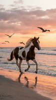 Paint horse galloping along ocean beach at sunset with seagulls flying overhead. Dramatic golden sky reflects on wet sand creating magical equestrian scene.