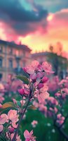 Pink cherry blossoms against dramatic sunset sky and urban architecture background, creating dreamy spring atmosphere with soft bokeh effect and vibrant colors.