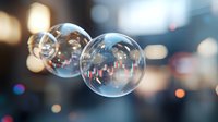 Transparent soap bubbles floating with stock market chart reflection against blurred city lights background, representing financial market volatility and speculation.