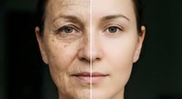Middle-aged Caucasian woman face showing aging process comparison with wrinkles and smooth skin halves for skincare and anti-aging treatment concepts.