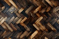 Rustic wooden parquet flooring in herringbone pattern showcases rich brown and black tones with natural wood grain texture and weathered surface detail.