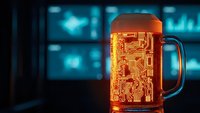 Digital beer mug with glowing circuit board pattern in amber liquid, futuristic technology concept for modern brewing industry and innovation.