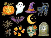 Halloween icons collection featuring jack-o-lantern, ghost, witch hat, black cat, bat, spider web, spider, candy corn, sugar skull, and tombstone on transparent background. Ready for t-shirts, stickers, clipart, sublimation, and print-on-demand designs.