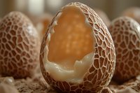 Cracked decorative brown egg with intricate lace pattern reveals glowing golden light from within, creating magical ambiance on textured surface.