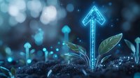 Glowing blue neon arrow grows from soil alongside green plant sprouts against dark background with bokeh lights, symbolizing digital growth and nature harmony.