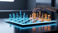 Futuristic holographic chess game with glowing blue and orange pieces on digital board, hand making strategic move in modern gaming technology concept.