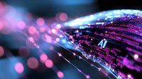 Futuristic AI artificial intelligence concept with glowing purple and blue digital circuits, data streams and bokeh lights for technology backgrounds.