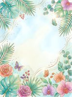 Watercolor tropical floral frame with roses, orchids, palm leaves, butterflies, and gold accents on a soft pastel background for cards and invitations.