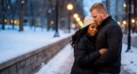 Romantic interracial couple embracing in snowy winter evening park with warm street lights creating intimate atmosphere for holiday romance campaigns.