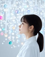 Young Asian woman in white shirt gazing upward at hanging crystal spheres with colorful bokeh lights creating magical atmosphere, side profile against soft gray background.