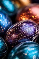 Festive glass ornaments in deep purple and turquoise with glittering gold details and bokeh effects create magical holiday atmosphere. Perfect for seasonal decorating.