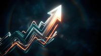 Glowing neon arrow and upward trending graph lines symbolizing financial growth, business success, and rising profits on dark background.