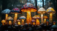 Glowing mushroom lamps in magical forest setting, stained glass style caps with mosaic patterns illuminate dark woodland scene, fantasy garden decor at dusk.