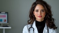 Young female medical professional in white coat and black turtleneck with stethoscope, dark wavy hair and natural makeup against blurred office background.
