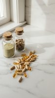 Natural health supplements and vitamins in capsules scattered on marble surface with glass jars containing powder and pills in bright sunlight.