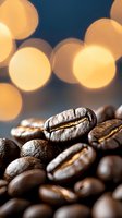 Roasted coffee beans macro shot with warm bokeh lights in background, shallow depth of field highlighting bean texture and golden holiday atmosphere.