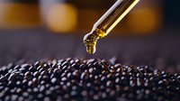 Glass dropper releasing golden liquid onto black caviar pearls against dark background with soft bokeh lights, macro food photography for luxury culinary concepts.