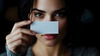 Young woman with striking blue eyes holding blank business card against dark background, creating mysterious professional portrait.