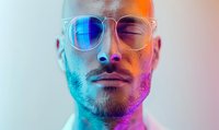 Close up portrait of bald Caucasian man with beard wearing transparent glasses in neon blue and pink lighting, eyes closed, expressing serenity and confidence.