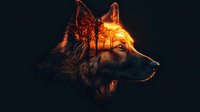 Mystical double exposure of wolf head merged with glowing forest silhouette against dark background, creating dramatic wildlife art with fiery orange highlights.