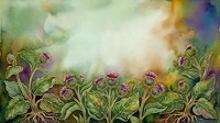 Watercolor thistle flowers with green leaves on a soft, colorful background in warm and cool tones, creating a nature-inspired botanical art piece.