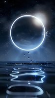 Surreal cosmic scene with glowing planet reflecting in calm water under starry night sky creating mystical atmosphere for fantasy and science fiction projects.