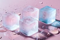 Colorful ice cubes with frozen bubbles on pink surface with water droplets for summer drinks and cooling concepts.