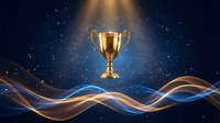 Golden trophy cup floating in cosmic space with flowing light waves and sparkling stars creating magical celebration atmosphere for awards ceremonies.