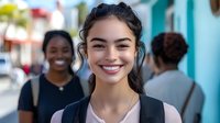Young mixed race woman with bright authentic smile wearing casual outfit on urban street background with diverse people. Perfect for lifestyle and diversity campaigns.