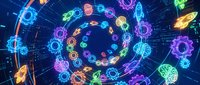 Neon zodiac symbols arranged in glowing spiral pattern with digital grid background, representing astrology, horoscope and cosmic fortune telling concepts for design projects.