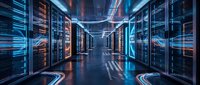 Modern data center server room with glowing blue and orange lights, high-tech computing infrastructure for cloud storage and network operations.