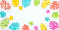 Colorful tropical leaves frame border on white background. Monstera and palm leaf silhouettes in bright summer colors for design projects.
