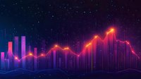 Glowing neon financial chart with bar graph on dark starry background showing market growth trend analysis in purple and orange gradient colors.