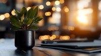 Small green plant in black pot on desk with blurred golden bokeh lights and digital tablet, creating cozy home office atmosphere for remote work setup.
