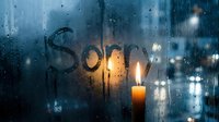 Word Sorry written on a foggy rainy window with a glowing candle, evoking emotions of regret, apology, and melancholy on a dark stormy night.